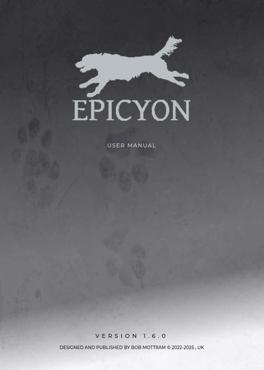 Epicyon logo of a running dog with paw prints in the background