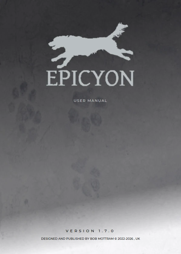 Epicyon logo of a running dog with paw prints in the background